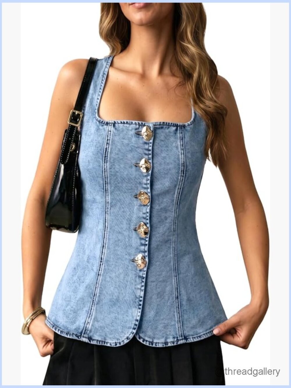 Sleeveless Denim Vest Top Square Neck Slim Fit Button Front Jean Vest